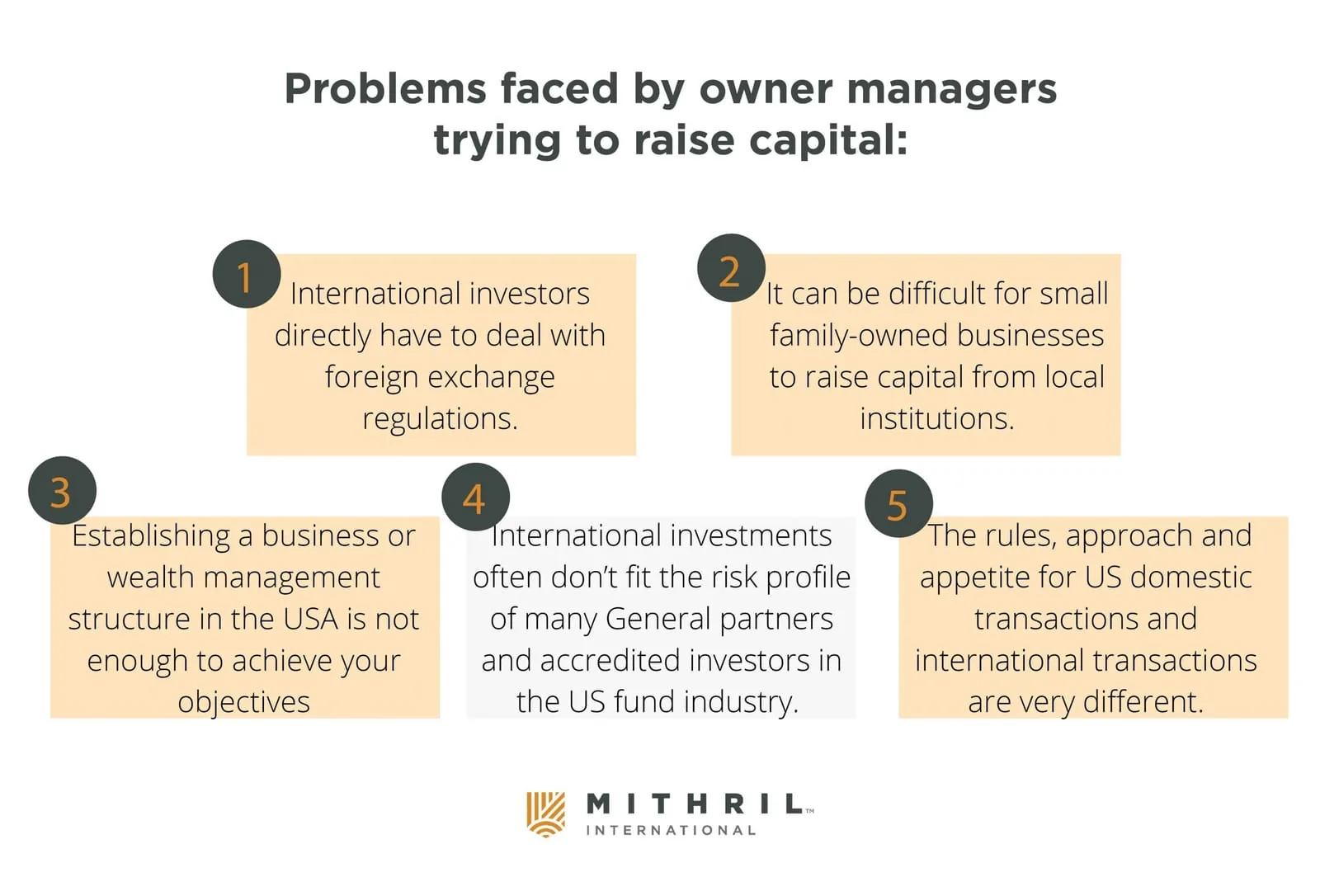 Diagram: five problems owner-managers face raising capital. 1, international investors have to deal with foreign exchange regulations directly. 2, small family-owned businesses find it hard to raise capital from local institutions. 3, setting up a business or wealth structure in the USA is not enough on its own. 4, international investments often do not fit the risk profile of US general partners and accredited investors. 5, the rules, approach and appetite for US domestic and international transactions are very different.