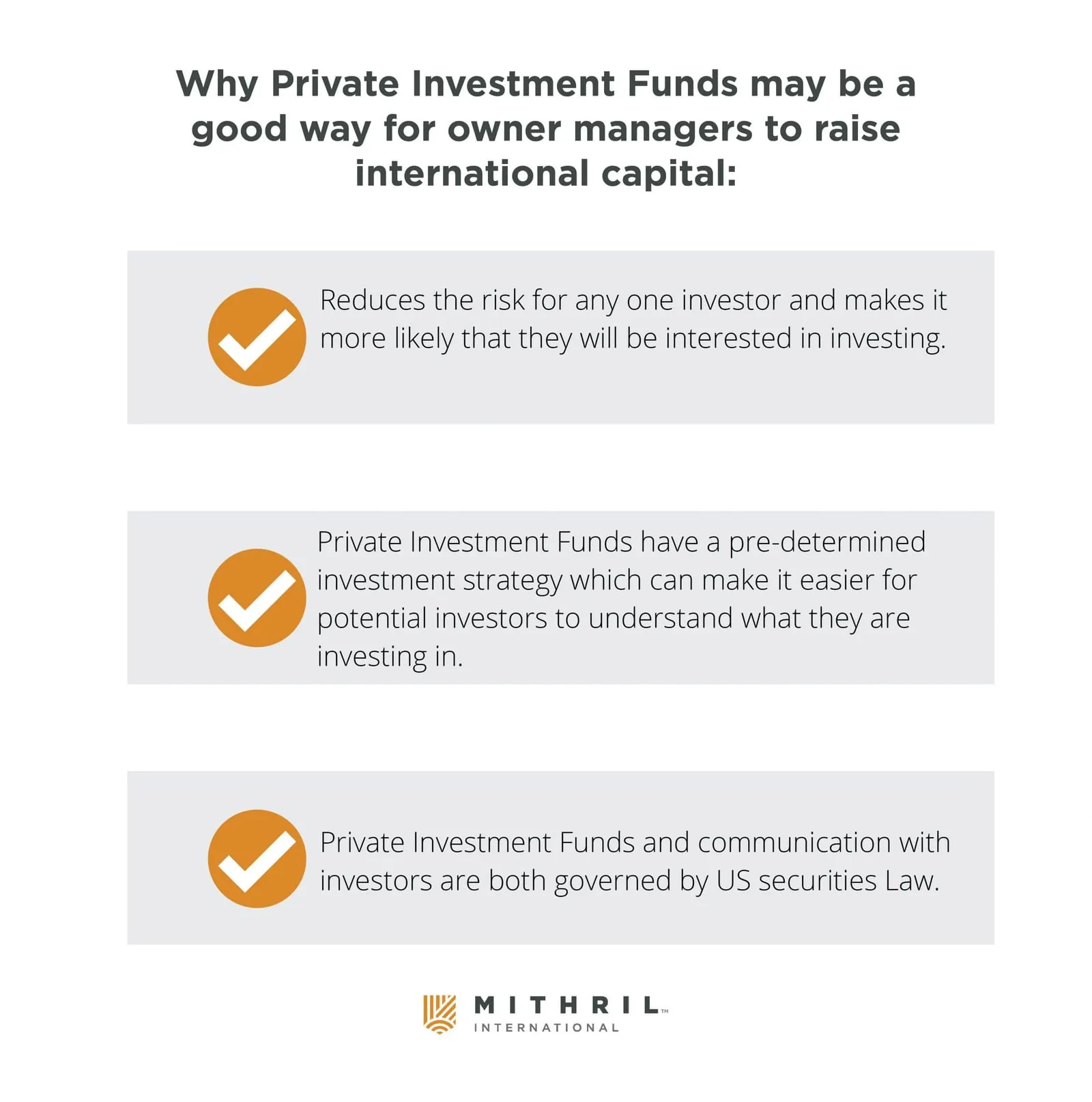 Diagram: why private investment funds may suit owner-managers raising international capital. They reduce the risk for any one investor, making investment more likely; their set investment strategy makes it easier for investors to understand what they are buying; and both the fund and its communication with investors are governed by US securities law.