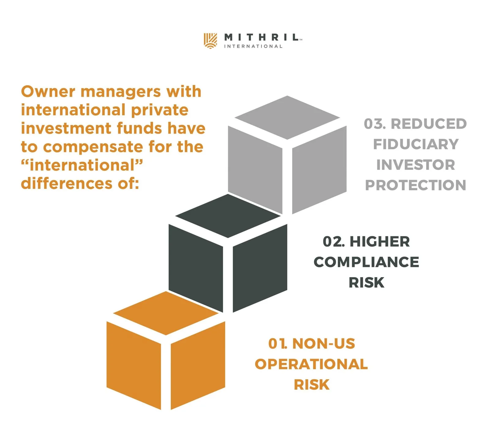 Diagram: three stacked blocks showing what owner-managers with international private investment funds must make up for: 1, non-US operational risk; 2, higher compliance risk; 3, weaker fiduciary investor protection.
