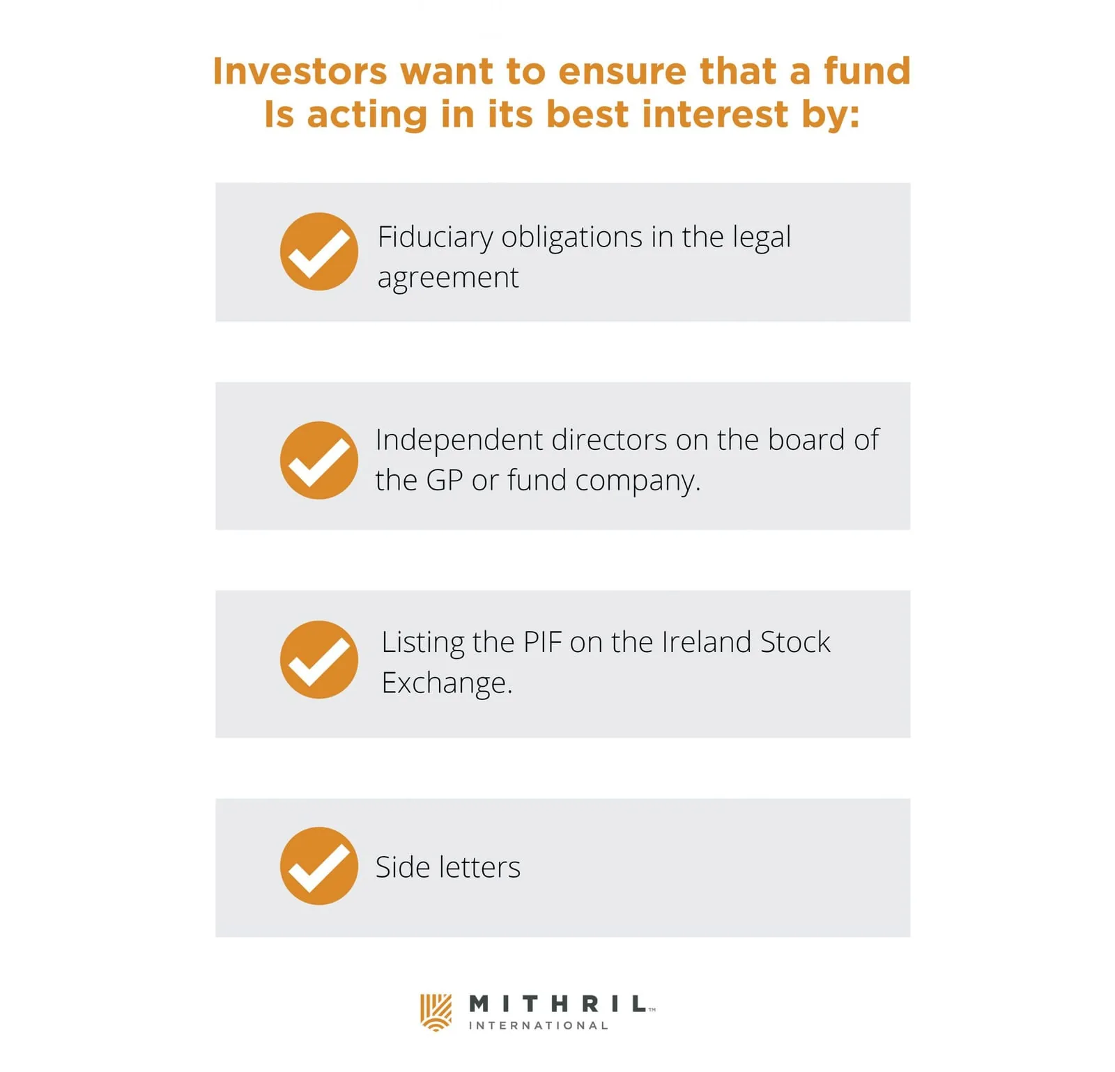 Diagram: four ways investors check that a fund acts in their best interest: fiduciary obligations in the legal agreement, independent directors on the board of the general partner or fund company, listing the fund on the Irish Stock Exchange, and side letters.
